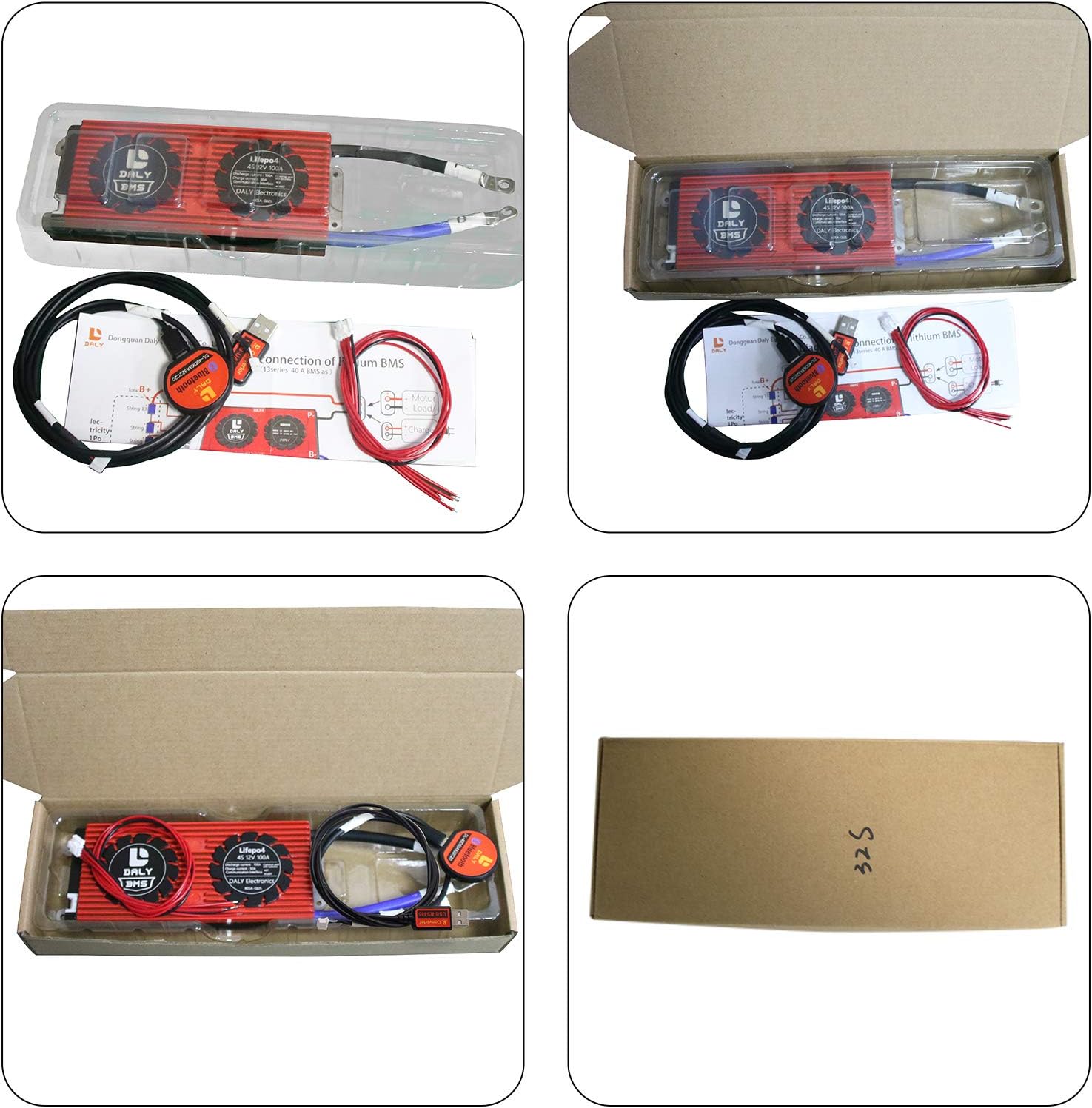 Contents of the DALY Smart BMS package including the BMS unit, Bluetooth module, and cables.