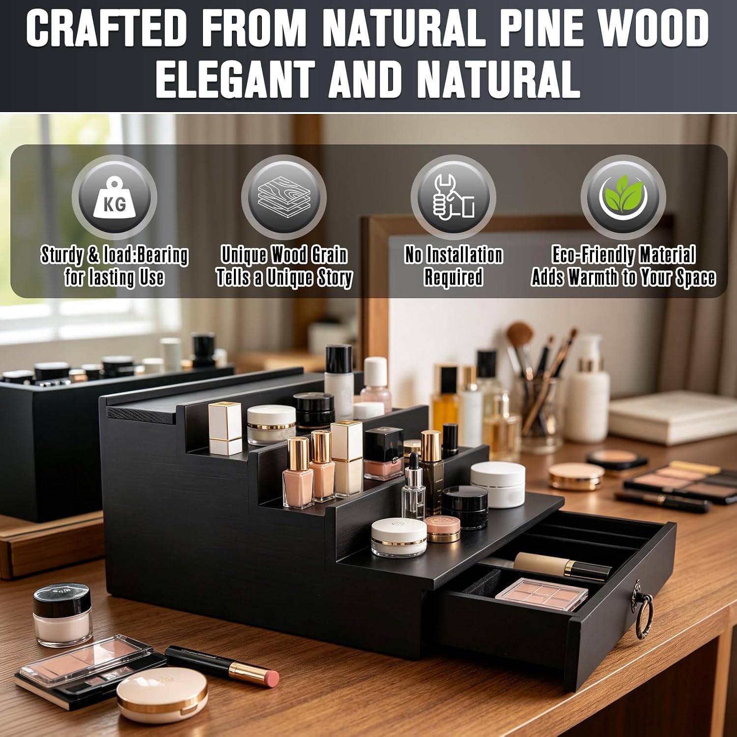 4-Tier Black Wooden Cologne Organizer for Men image 2