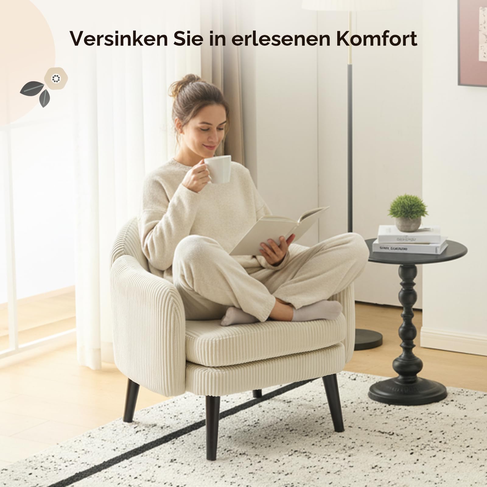 Bonnlo Sessel, Gepolsterter Cocktailsessel, Lesesessel, Clubsessel, Moderner Loungesessel für Wohnzimmer, Schlafzimmer, Büro oder Wartebereich, belastbar bis 113 kg, Feincord, Beige