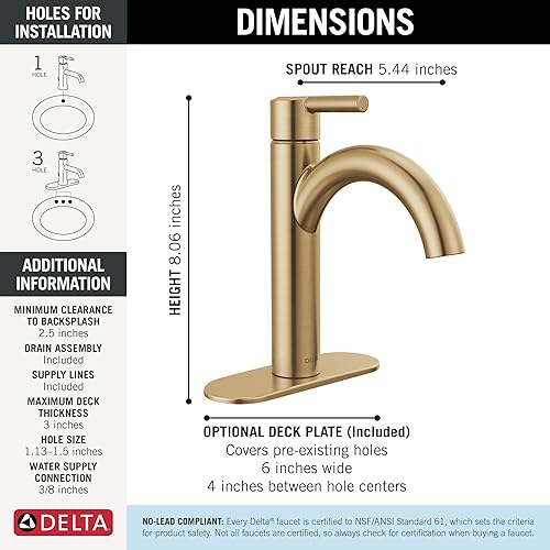 Miniatura 5 de Delta Nicoli - Grifo de baño de oro cepillado de 1 agujero, llave de fregadero de baño de un solo agujero para tocador, conjunto de desagüe