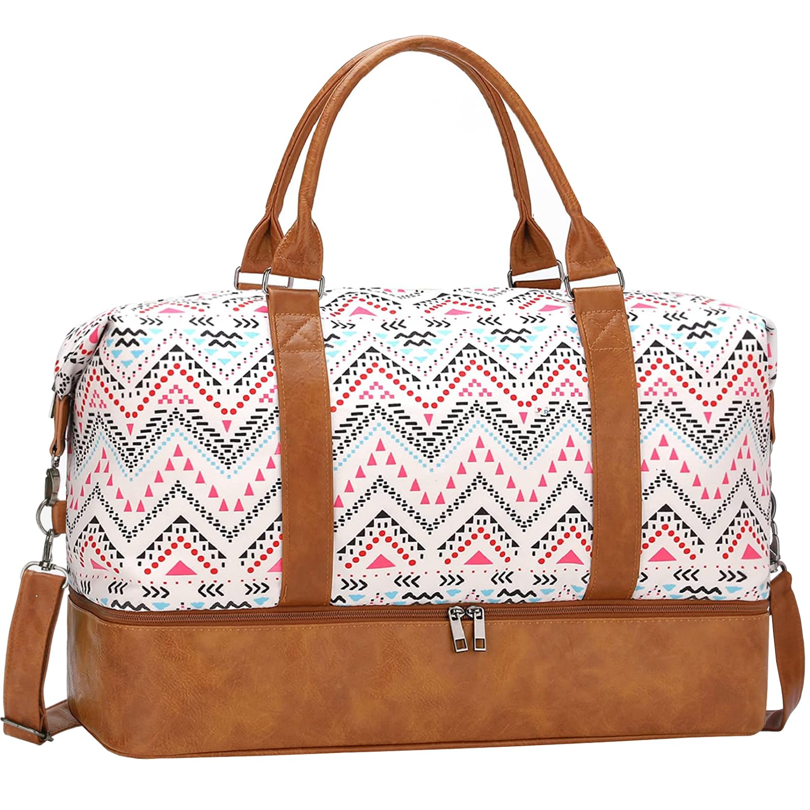 Oeihuivt Weekender Bags for Women - 21 Inch Large Travel Duffel Bag 2-Piece Set with Shoe Compartment, Heavy-Duty Canvas Leather Carry On Overnight Tote (white-brown)