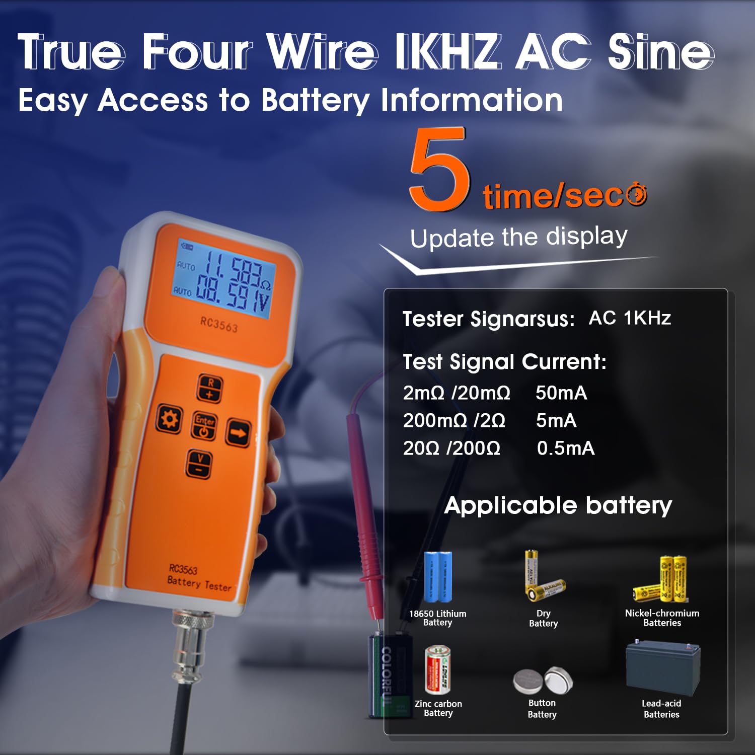 Batterie-Innenwiderstandstester, Spannungs-Widerstandsmessgerät 1uΩ~200Ω 0~±100VDC Bereich Tragbarer Spannungs-Widerstands-Prüfer mit Sonde, Batterie-Analysator für Blei-Säure, Ni-CD, Li-Fe RC3563