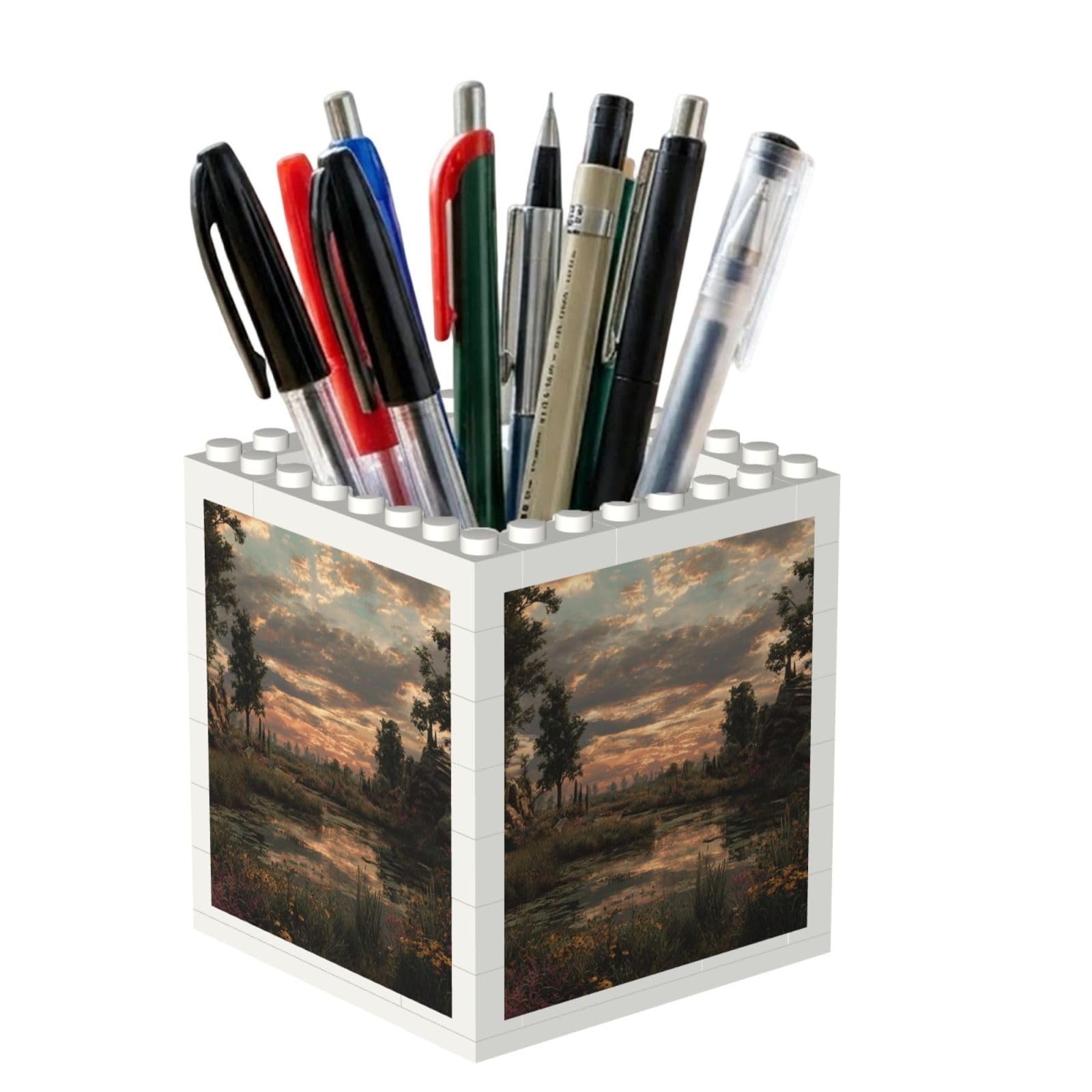 ESNAIUVCD Natural Scenery Print Building Block Pen Holder - Pencil Holder For Desk/Classroom,Desk Accessories, Multifunctional Office Supplies Pen Organizer Pencil Cups(2pcs)