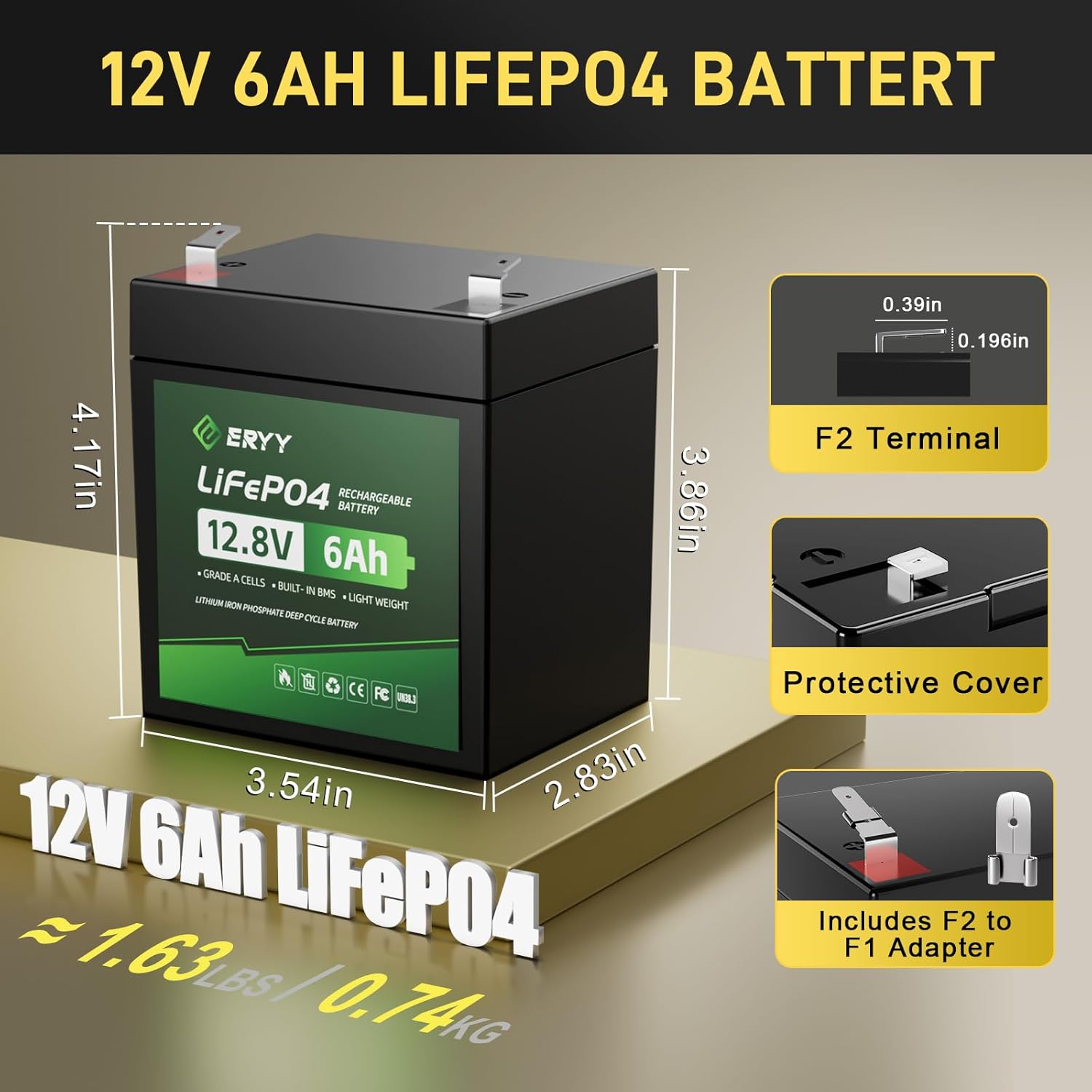 12V 6Ah LiFePO4 Battery, Lithium Batteries 12V with 8A BMS, 4000+ Cycles Lithium Iron Phosphate Rechargeable Deep Cycle Lithium Battery for Fish Finder, Alarm, Light, Ham radio, Solar, UPS