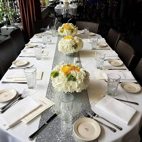 Miniatura 4 de Camino de mesa de lentejuelas plateadas, 12 x 72 pulgadas, paquete de 6, decoración de fiesta con purpurina para bodas y celebraciones de vacaciones