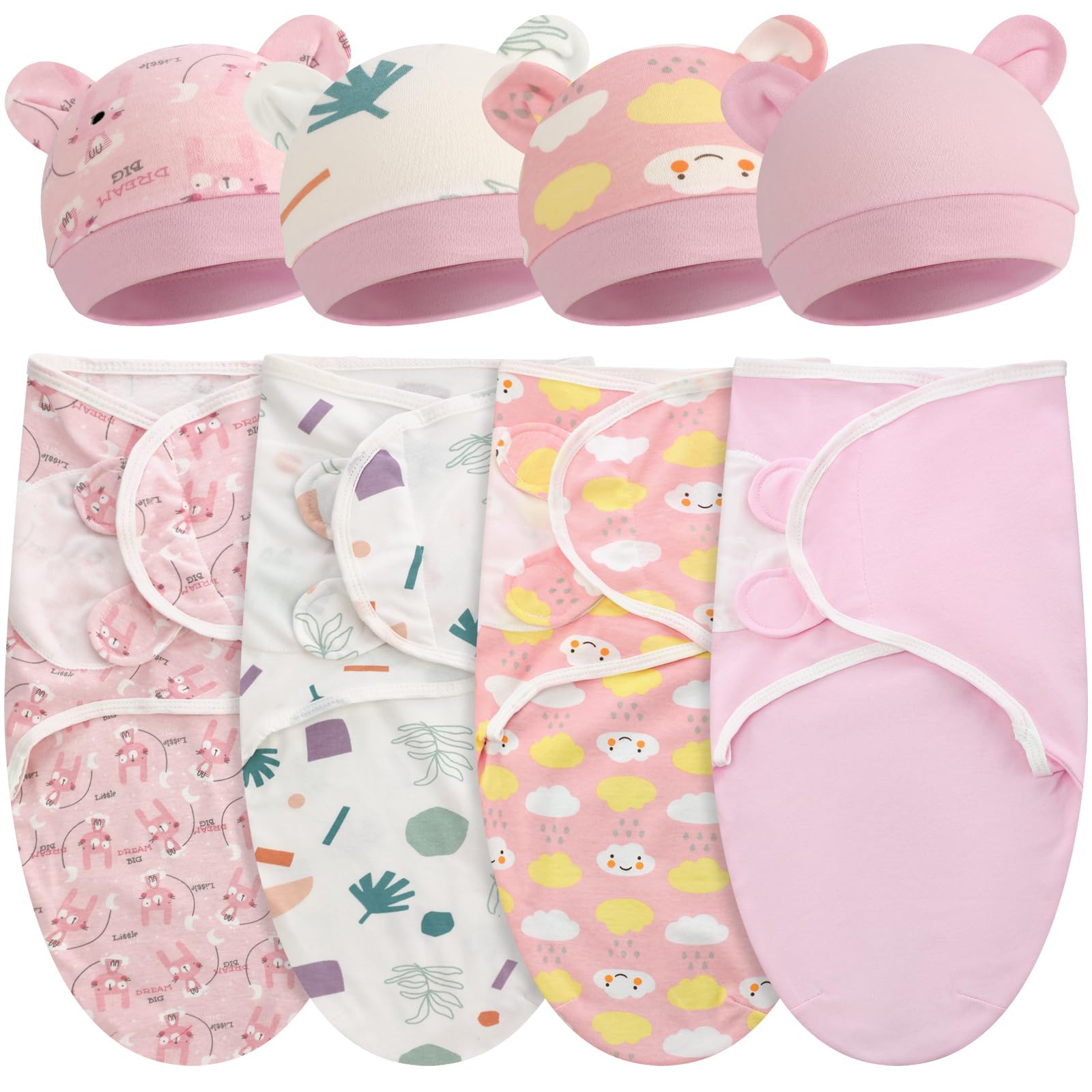 Namalu Preemie Wickeldecken-Set mit Mütze für Babys, Jungen und Mädchen, 1,4–3,2 kg, Frühchen, Neugeborene, Kleidung, Schlafanzug, Rosa, Boho, 4 Stück