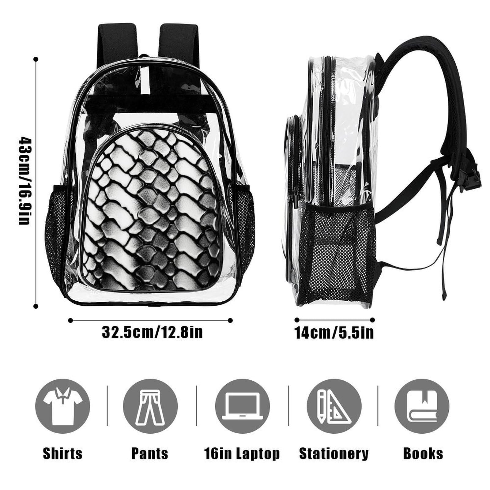 Transparenter Rucksack, Schlangenhaut-Optik, groß, transparent, PVC, Büchertasche für Sicherheit, Arbeit, Reisen, Stadion, Schwarz und Weiß