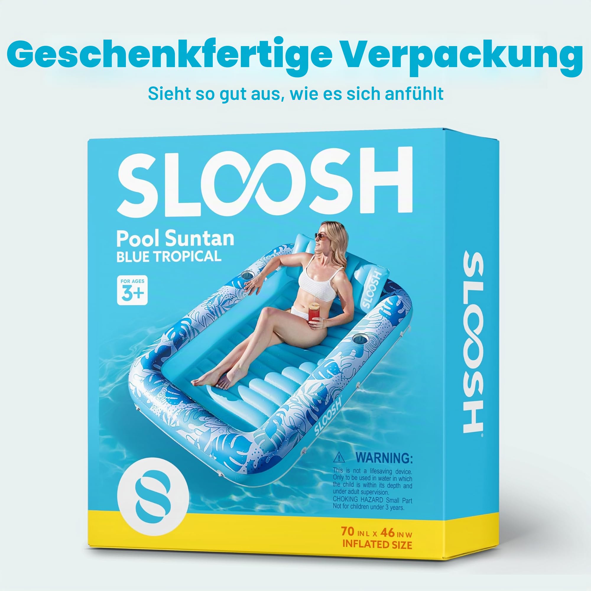 SLOOSH Aufblasbare Tanning Pool 70" x 46" 85" x 57" Luftmatratze für Erwachsene mit Kissen 4-in-1-Sonnenliege