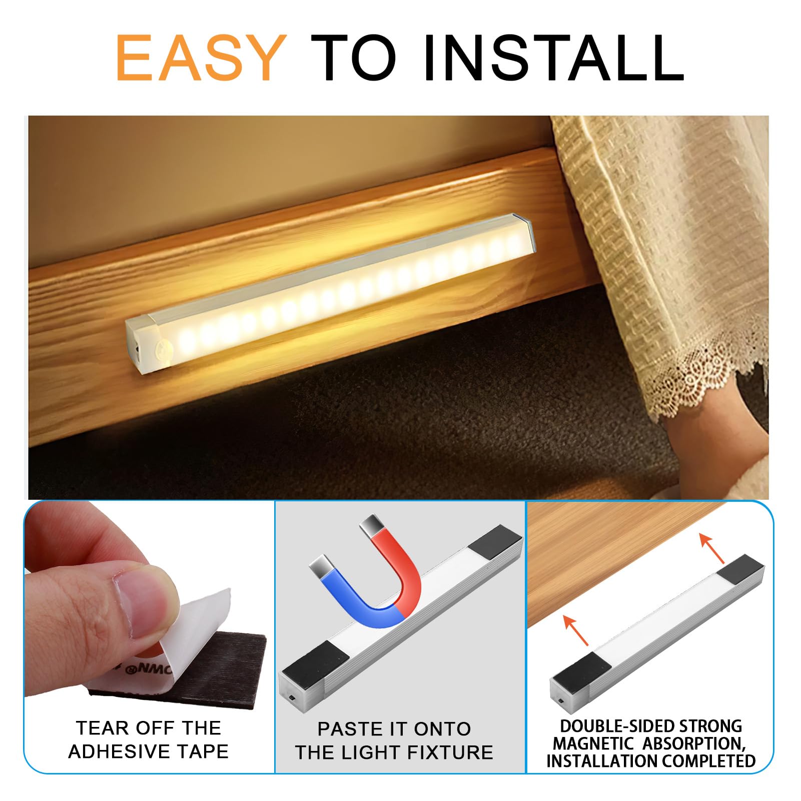 Under Cupboard Kitchen Lights 30cm Cabinet Light Motion Smart Sensor Magnetic Led Indoor Rechargeable Strip Light AUTO/ON/OFF Stick on Wireless USB Powered for Shelf Stairs Counter Closet Bedroom - Image 3