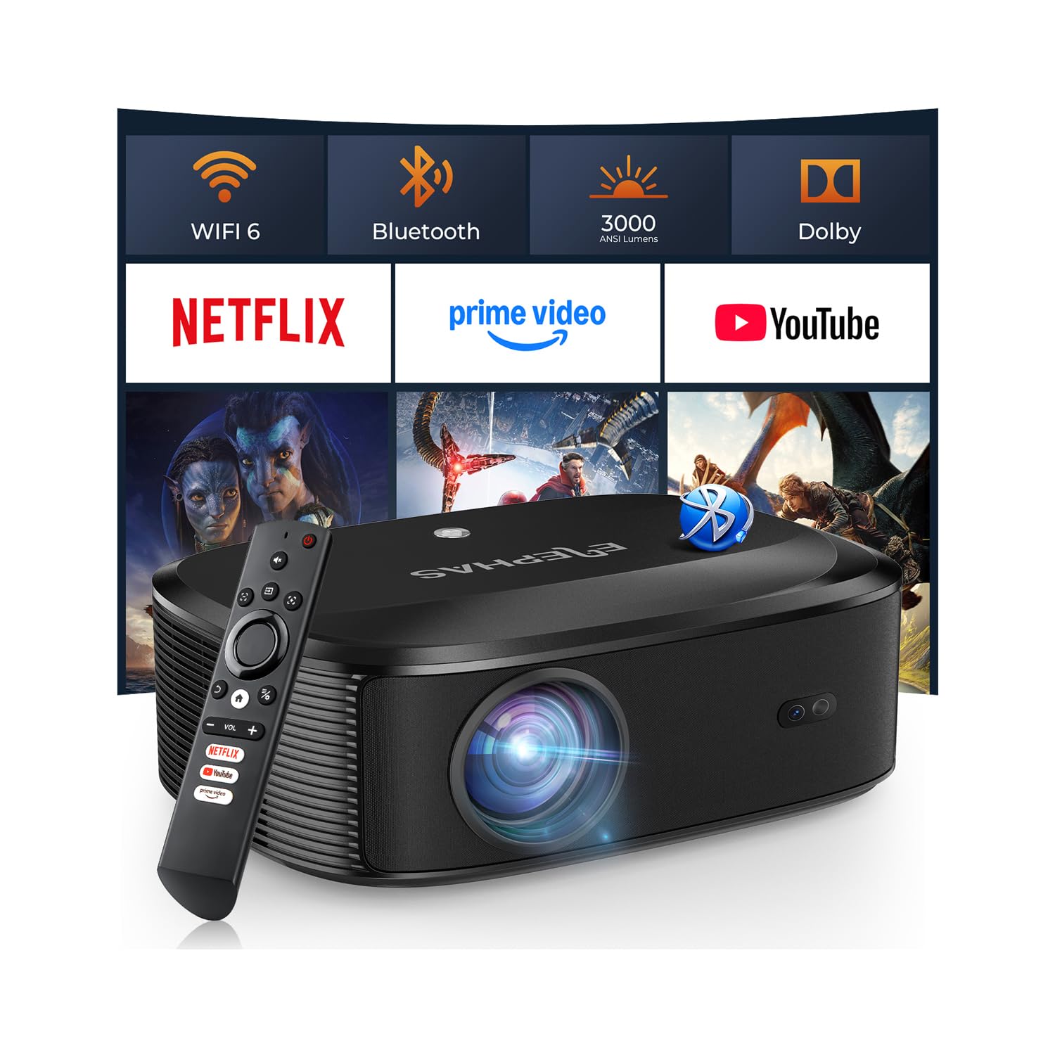 4K Projector with WiFi and Bluetooth - 3000 ANSI Lumens, ELEPHAS Outdoor Movie Projector Compatible with NETFLIX/Prime Video/YouTube, Smart Projector for HDMI/USB/iOS/Android, Portable Home Cinema