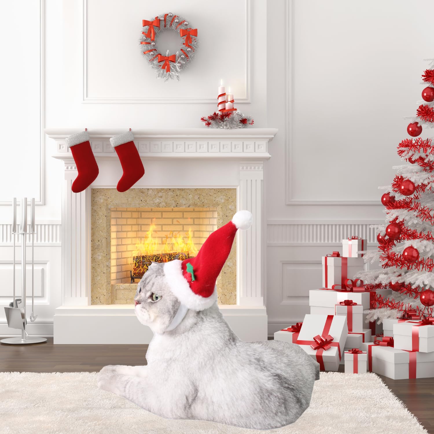 Nereds Red Warm Christmas Pet Santa Hat Plush Dog Christmas Outfit Christmas Pet Costumes Cat Dog Dress Up for Festival New Year - Image 4