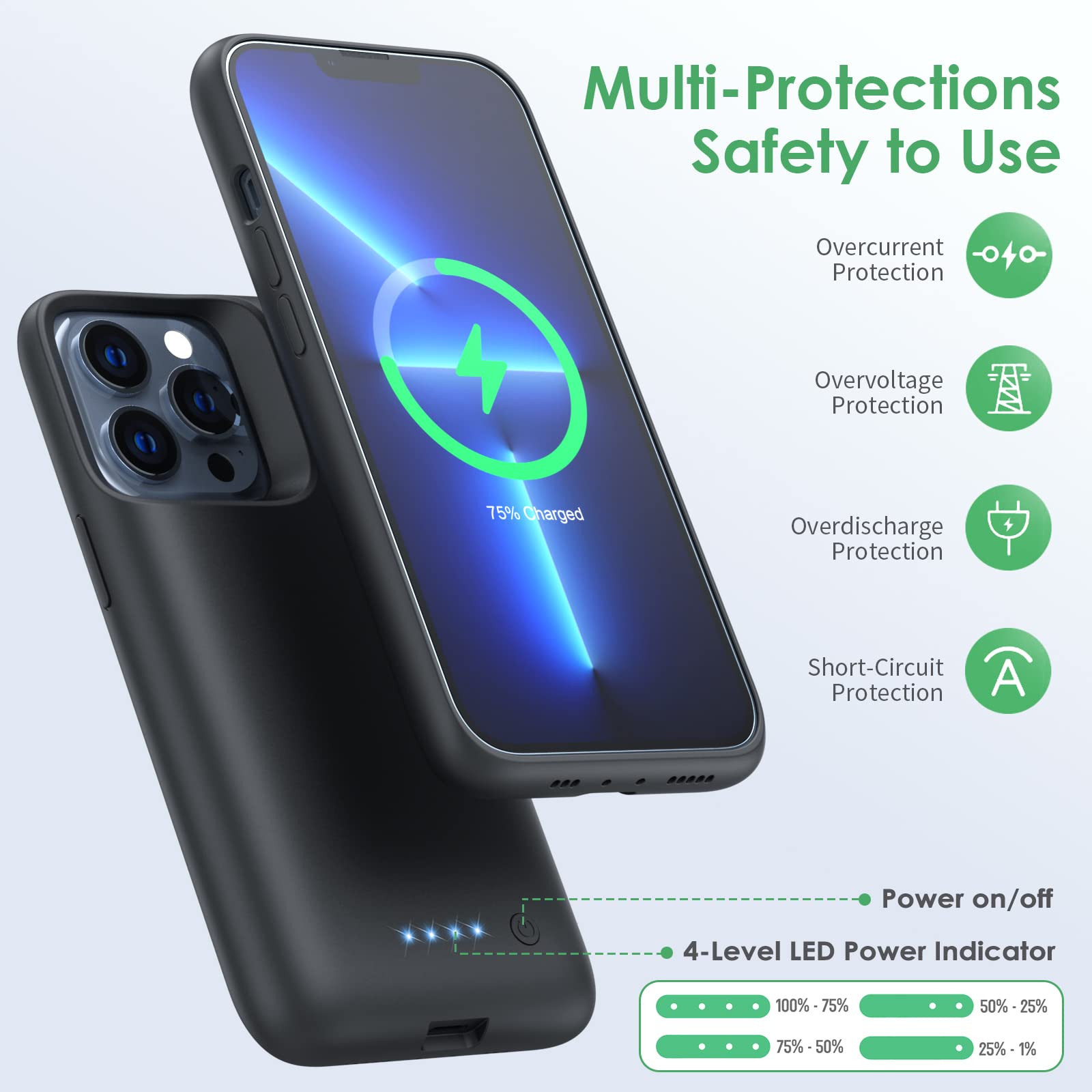 Feob Battery Case for iPhone 13/13 Pro[6.1 inch], 7500mAh Portable Charger Case Extended Battery Pack for iPhone 13/13 Pro Charging Case-[Black]