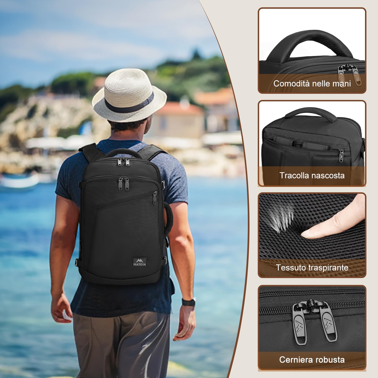 MATEIN Zaino per Ryanair 40x20x25, Zaino da Viaggio Piccolo Bagaglio a Mano Aereo per Donna Uomo, 20L Borsa da Cabina Zaini Casual Espandibile Travel Bag per Ryanair, Wizzair, Easyjet, Nero