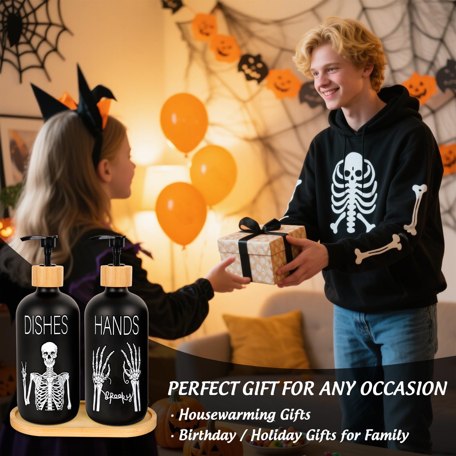 Whaline Halloween-Seifenspender, schwarz, gruseliges Skelett, Handseifenspender mit Pumpe, nachfüllbarer Flüssigkeitsbehälter für Süßes oder Leckereien, Heimdekoration, 2 Stück