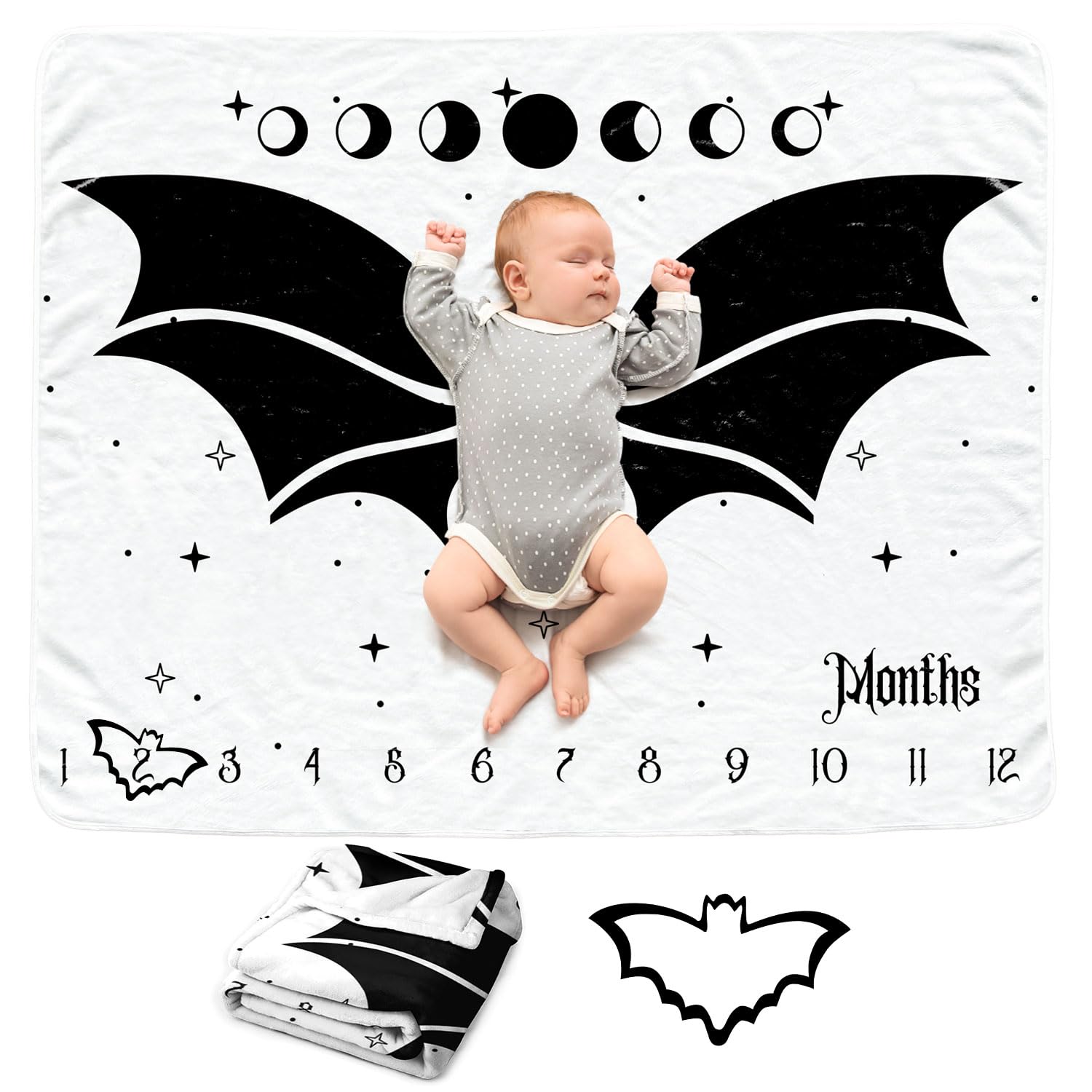 Manta mensual de murciélago gótico para niños, manta gótica del mes del recién nacido, manta de franela suave con fondo de fotografía, regalo de ducha personalizado de Halloween, murciélago gótico