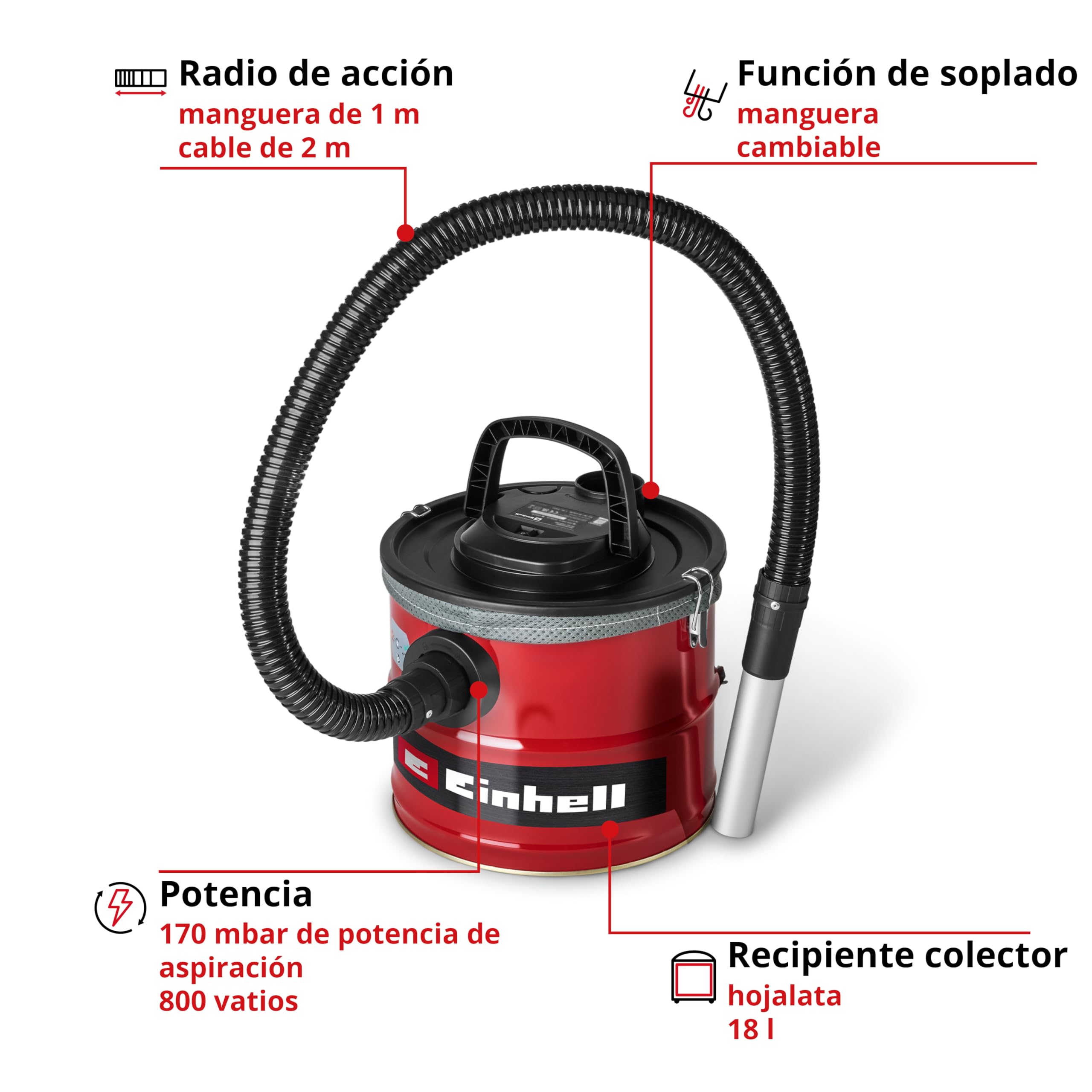 Einhell Aspirador de Cenizas TC-AV 1830 D (800 W, Potencia de aspiración 170 mbar, Recipiente colector 18 l, Sistema de Filtro, prefiltro de Polvo Fino, función de soplado, Manguera 1 m, Cable 2 m)