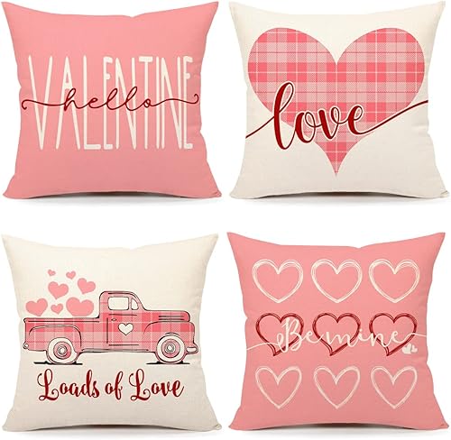 4TH Emotion Juego de 4 fundas de almohada para el día de San Valentín de 16 x 16 pulgadas, decoración de granja de primavera, camión rosa con