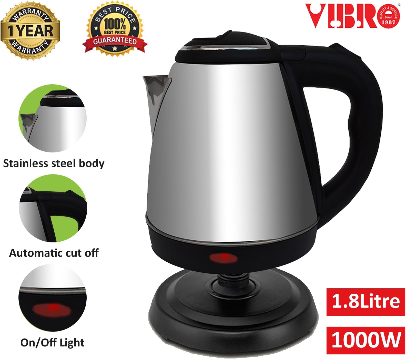 Vibro Multi-Purpose Automatic Stainless Steel Electric Kettle for Home & Office,1.8 Litre (1000 Watt)