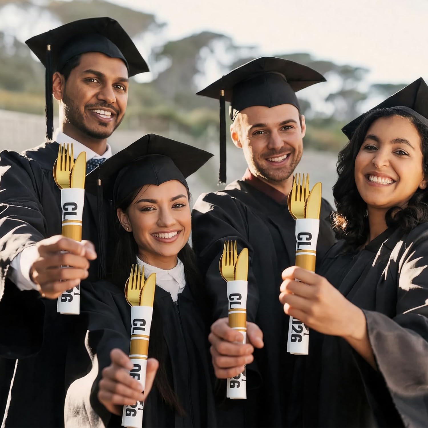 Gueevin 250 Pcs/50 Set Graduation Plastic Silverware Set Class of 2026 Graduation Party Supplies 50 Forks 50 Knives 50 Spoons 50 Napkins Gold Disposable Silverware for Congrats Grad Party