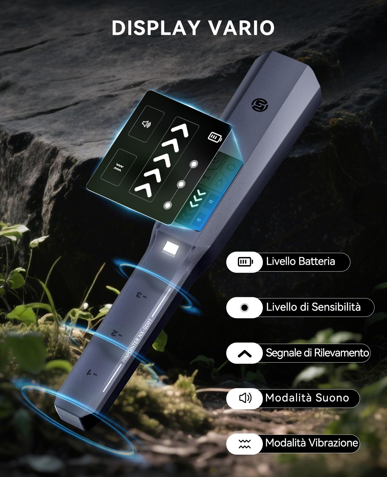 SUNPOW Pinpointer Metal Detector Professionale per Adulti, Batteria Ricaricabile al Litio da 800 mAh, Completamente Impermeabile IP68, Chip Potenziato e Schermo LCD, 4 Modalità, 3 Luci con SOS
