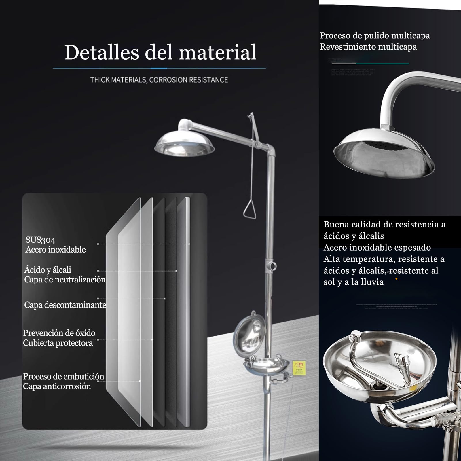 Estación de Lavado de Ojos y Ducha de Emergencia 2 en 1 | Acero Inoxidable 304 | para Fábrica, Laboratorio, Industria Química | Primeros Auxilios Plata