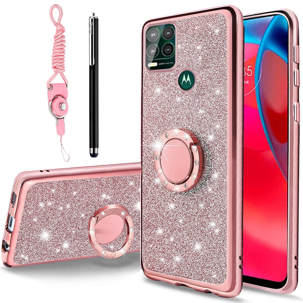 B-wishyfor Moto G Stylus 5G Phone Case with Stylus Pen, Luxury Glitter Sparkles Cute Silicone TPU Case for Women Girls with Kickstand, Bling Rhinestone Slim Case for Motorola G Stylus 5G,Pink