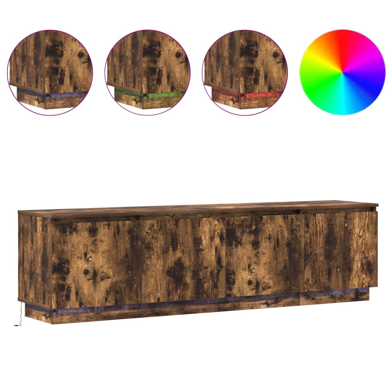 Mobile TV in legno ingegnerizzato rovere fumé 180 x 38 x 49 cm con porta a cerniera, illuminazione LED USB integrata, design moderno per soggiorno funzionale e raffinato