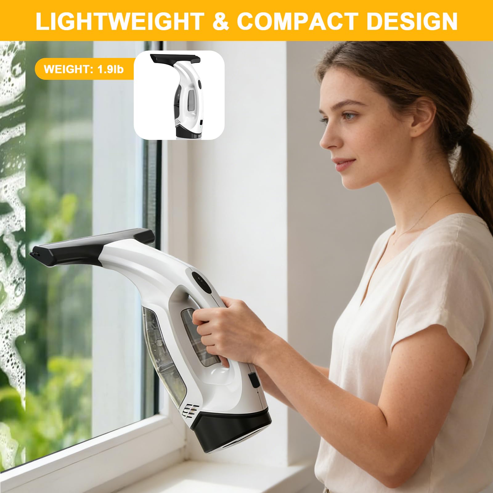 Aspirateur à Vitre sans Fil, Nettoyeur Vitre Électrique Portable avec Bouteille Spray et Chiffon Microfibre pour Fenêtres, Miroirs, Carrelage – Aspiration Puissante 2000Pa, Autonomie 40min