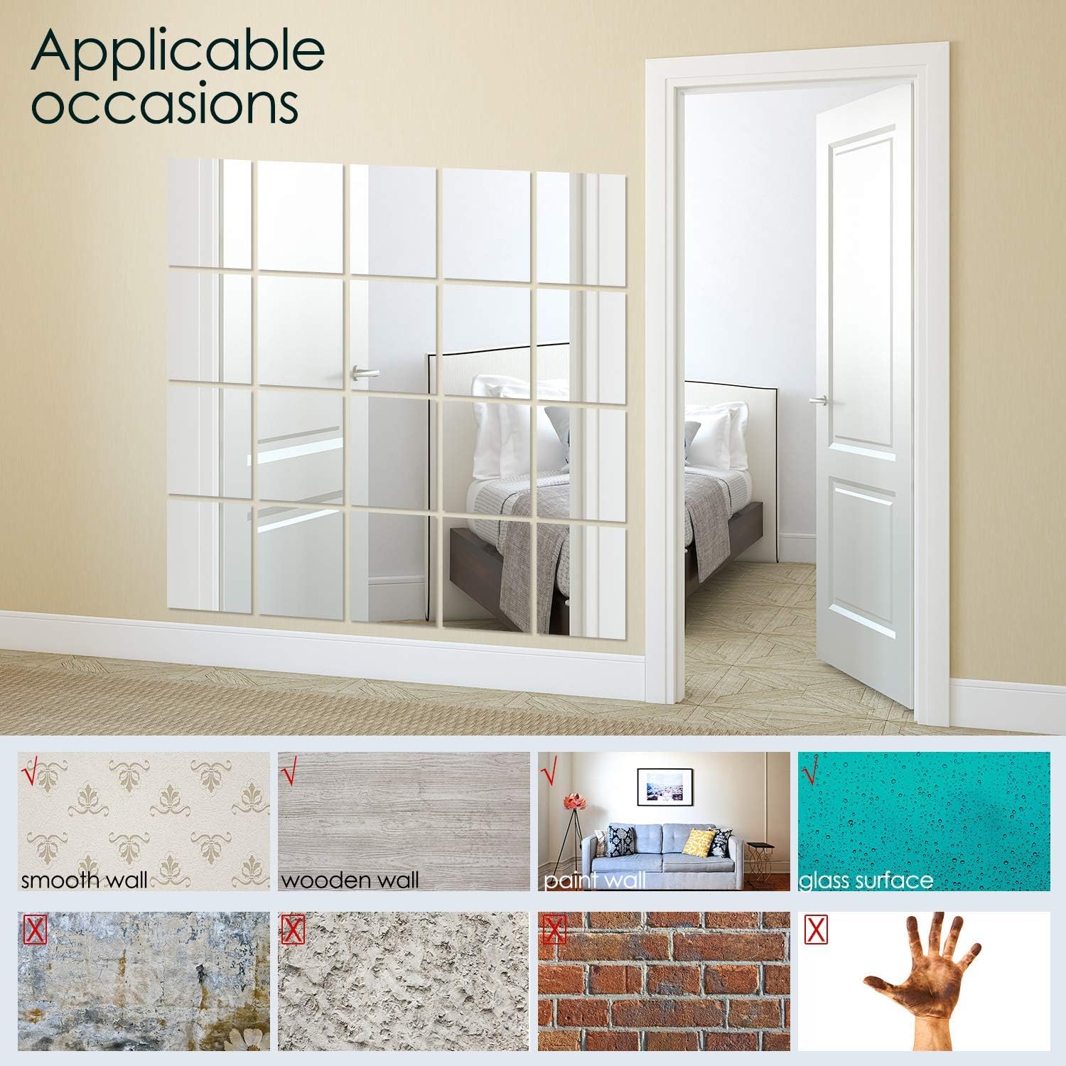 BBTO 20 Pcs Home Gym Mirror Sheets Self Adhesive Non Glass Cut to Size Mirror Stickers Tiles for DIY Craft Home Wall Decoration(8 x 10 Inch) 2
