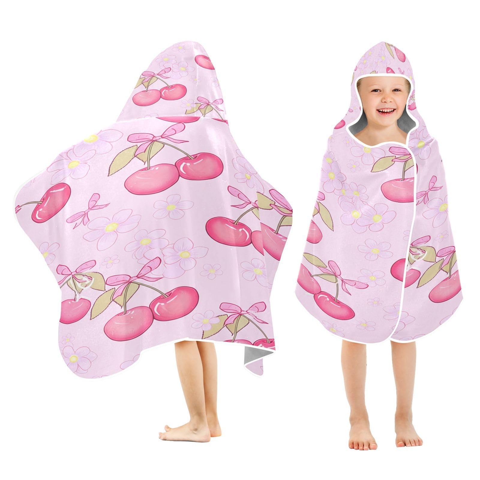 Nesatuwa Hooded Towel for Kids,Cherries and Flowers Kids Beach Bath Towels Soft Absorbent Quick Dry Poncho Towel for Girls Boys