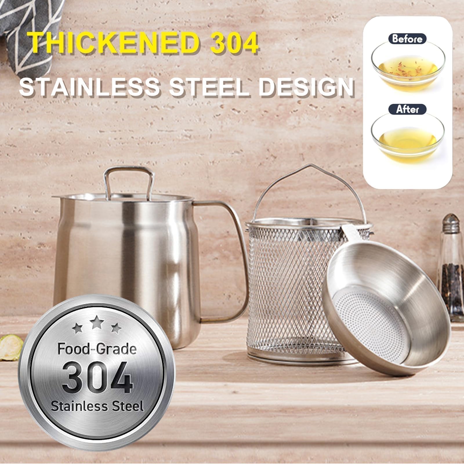Récipient à Filtrer Huile Inox 304, 2L Grand Volume Polyvalent, Filtre à Huile de Cuisine Avec Couvercle Anti-poussière, avec Panier à Frire, Brosse à Cuisinière, Filtre et Gants
