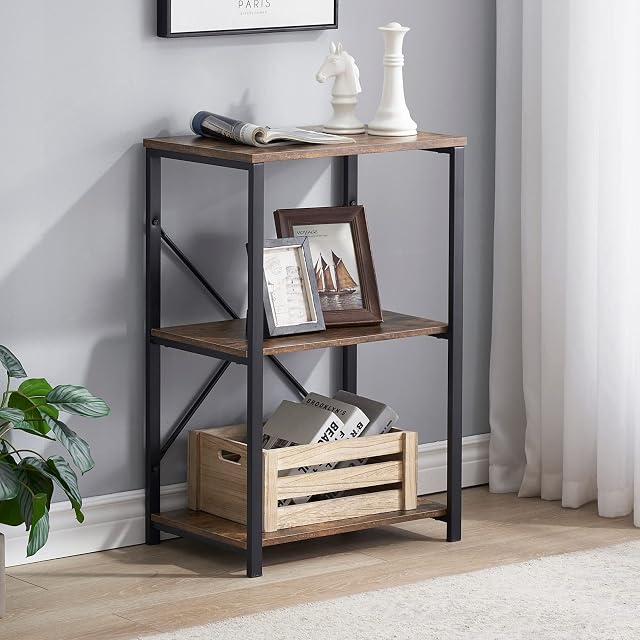 TTHAETUR 3-Tier Side Table, End Table with Storage Shelf for Living Room, Wood and Steel Frame Industrial Nightstand, Rustic Brown