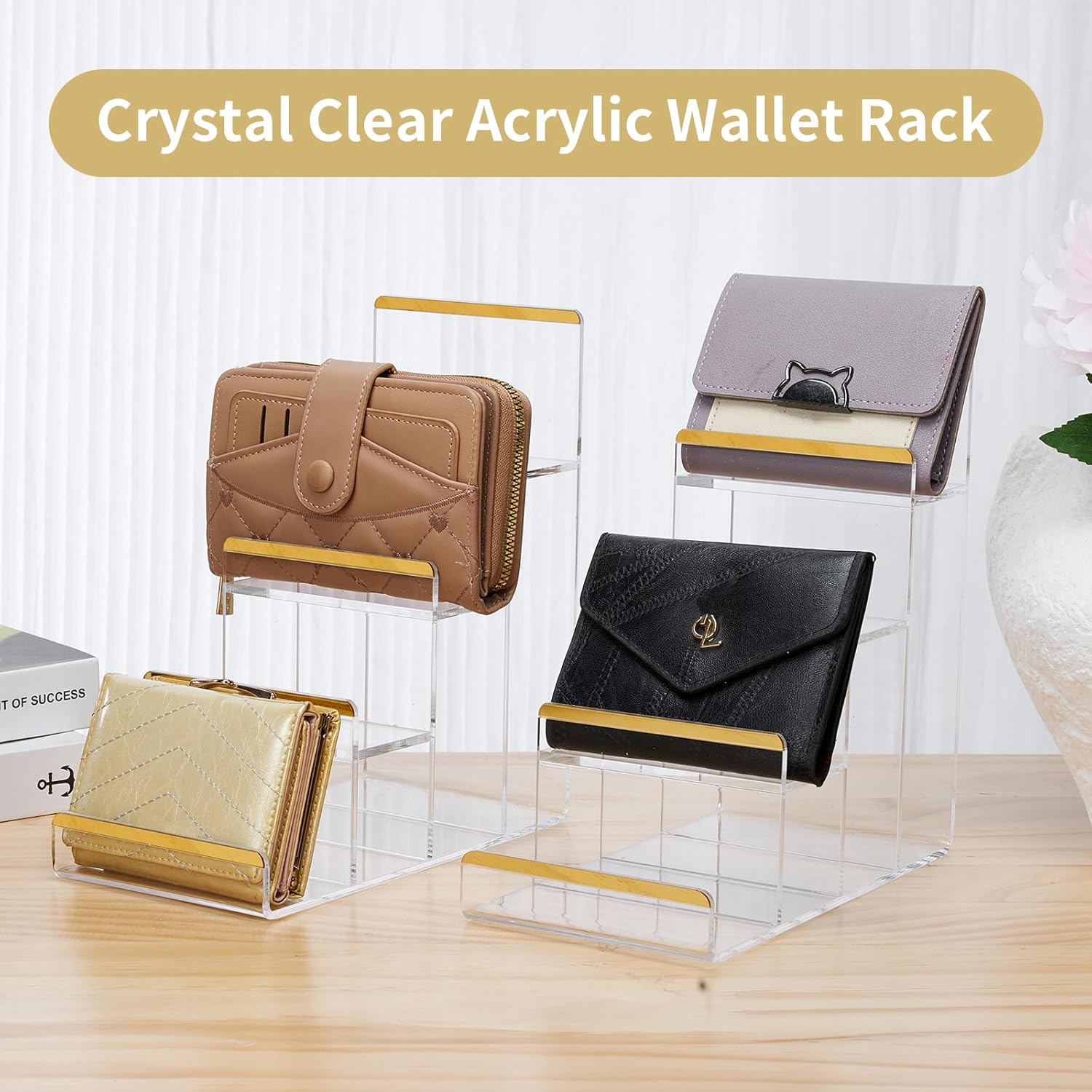 Purse Display Stands, 2 Pack 4-Tier Acrylic Wallet Holder Risers Stand, 2-Inch Spacing Clear Clutch Rack Handbag Display Shelf, 4MM Thick Counter Wallet Organizer for Figure Sunglasses Retail Vendor