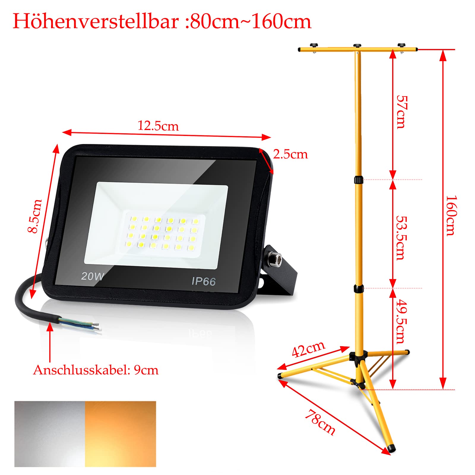 Reflektor budowlany LED, 2 x 20 W, ciepła biel ze statywem, lampa robocza 3000 K, reflektor 1700 lm, statyw budowlany teleskopowy, 80-160 cm, regulacja wysokości, na plac budowy, do garażu