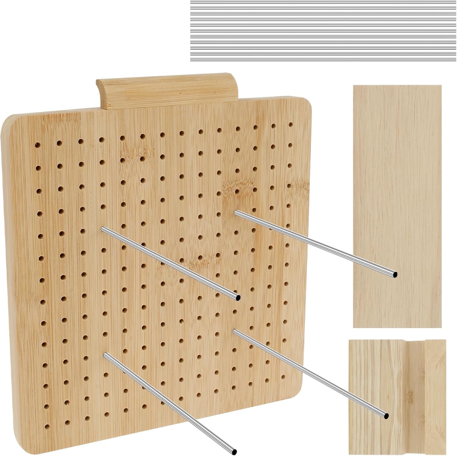 NIHUIFDPY Wooden Crochet Blocking Board with 15 Stainless Steel Pins (5.9"), 7.6"x7.6" Granny Square Peg Board with Wooden Stand & 256 Holes, Knitting Craft DIY Kit Gift for Beginners-image-5