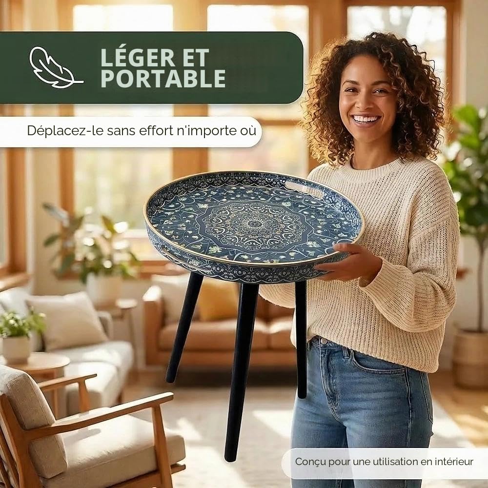Tables d'appoint rondes d'extérieur avec 3 pieds en bois détachables, table plateau polyvalente, parfaite pour table basse ronde à café et à thé, et moment de détente 45 cm (Bleu Maze)