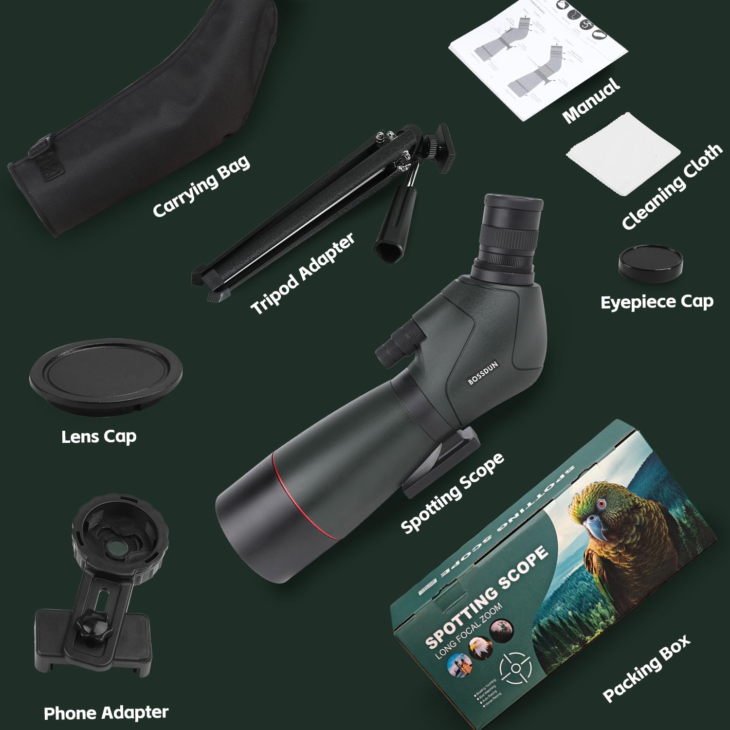 Cannocchiale,telescopio impermeabile con treppiede con prisma BAK4, adattatore per telefono, borsa per il trasporto, per l'osservazione degli uccelli e la caccia (MY-GN0039G(25X))