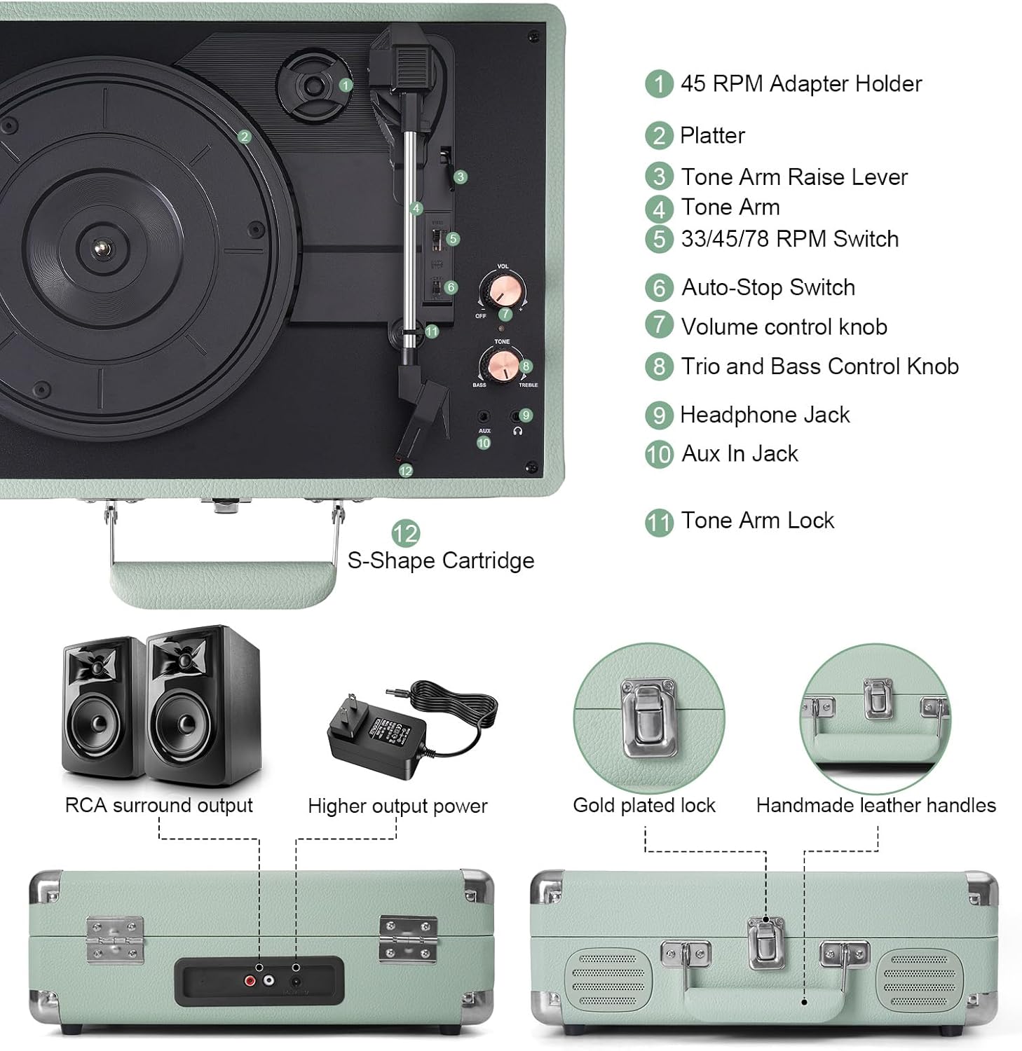 Record Player 3 Speed Bluetooth Portable Suitcase, Vinyl Phonograph with Built-in Bass & Speakers, Belt-Driven LP Player Support AUX-in RCA Line Out Headphone Jack, Green