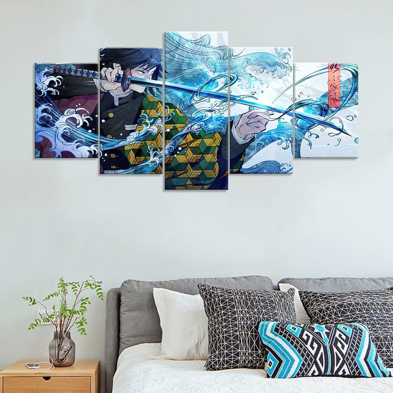 ZHONGYUTONG 5 pezzi Demon Slayer Stampe su tela incorniciate Kimetsu Personaggio anime giapponese Tanjiro Poster Pittura HD per soggiorno (100x55cm)