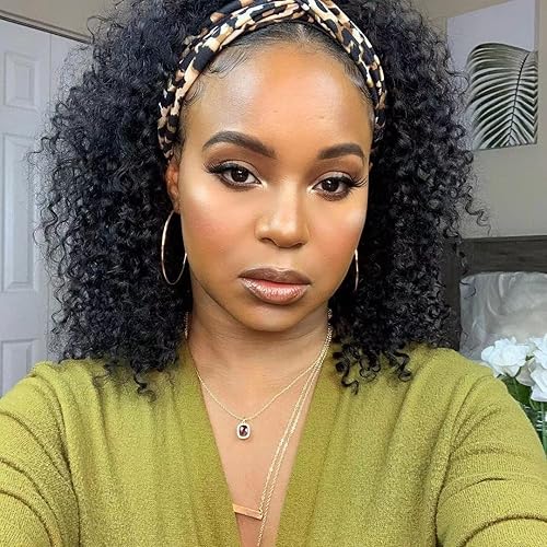 Legendhair Peluca de cabello humano rizado sin pegamento con diadema para mujeres negras, pelucas onduladas sin encaje frontal con diadema adjunta,
