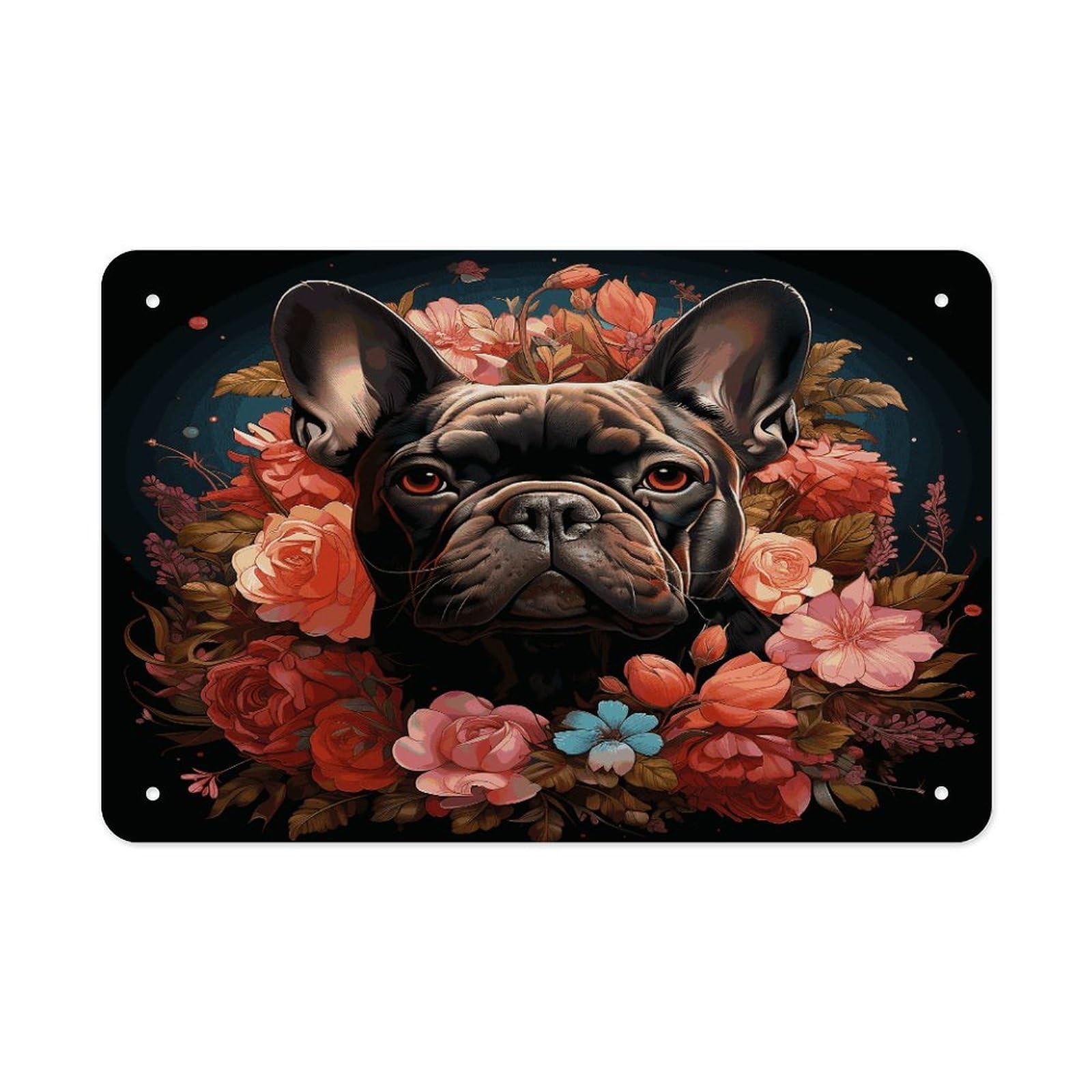 Fekiloot Style Bulldog And Flowers Metal Signs Wall Art Tin Sign