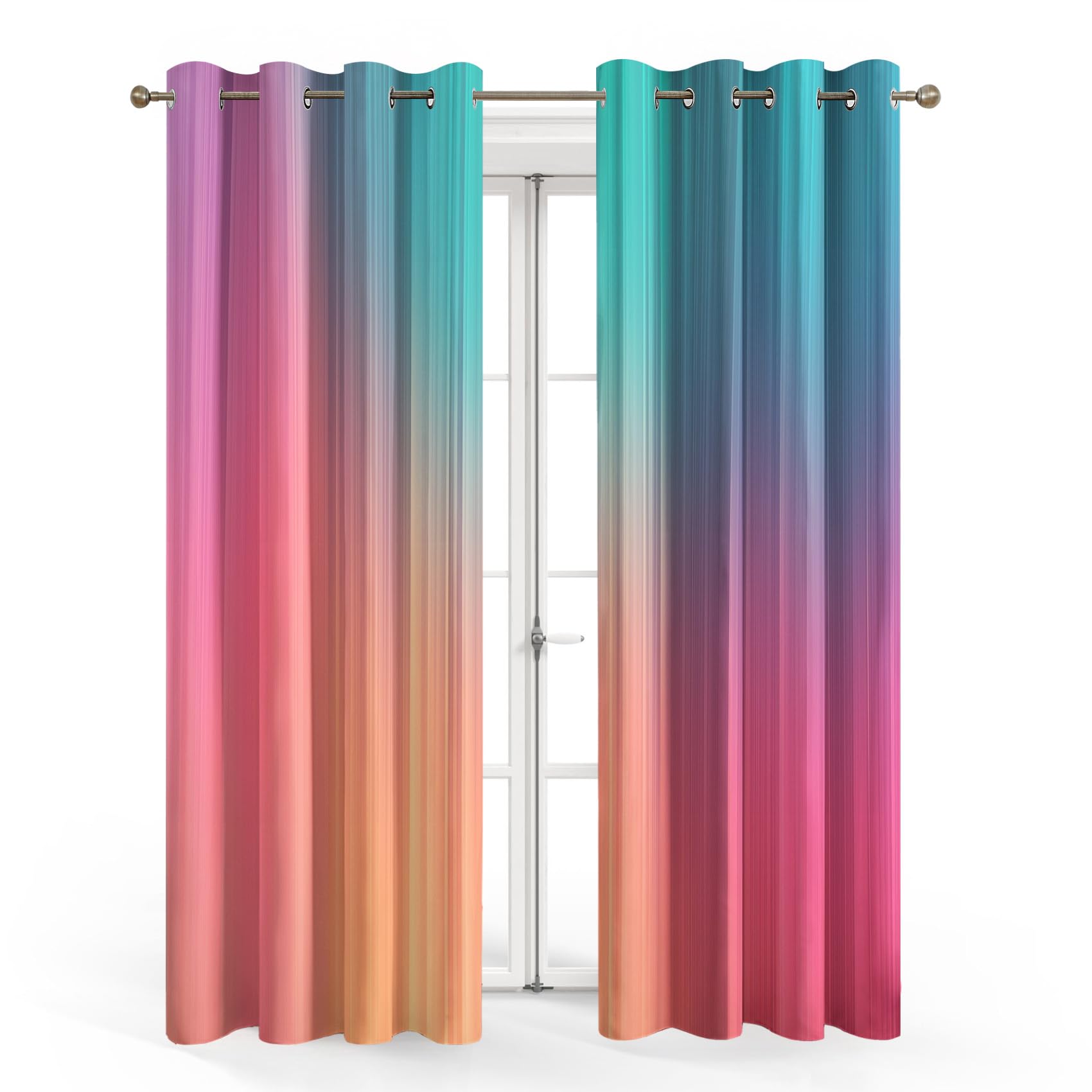 Mehrfarbig Streifen Farbverlauf Vorhänge, Ombre Verdunklungsvorhänge mit Ösen, Vorhang Blickdicht für Wohnzimmer Schlafzimmer Dekoration, Gardinen mit Muster, 2er Set, H 220 x B 140 cm, D#935