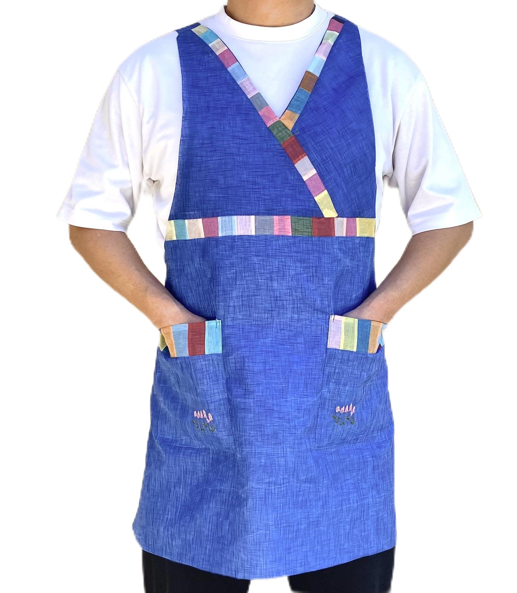 Korean Hanbok Patchwork Apron – V-Neck, Ramie, Double-Lined with Pockets, Handmade, Unisex for Cooking, Baking, Gardening, Art, Party