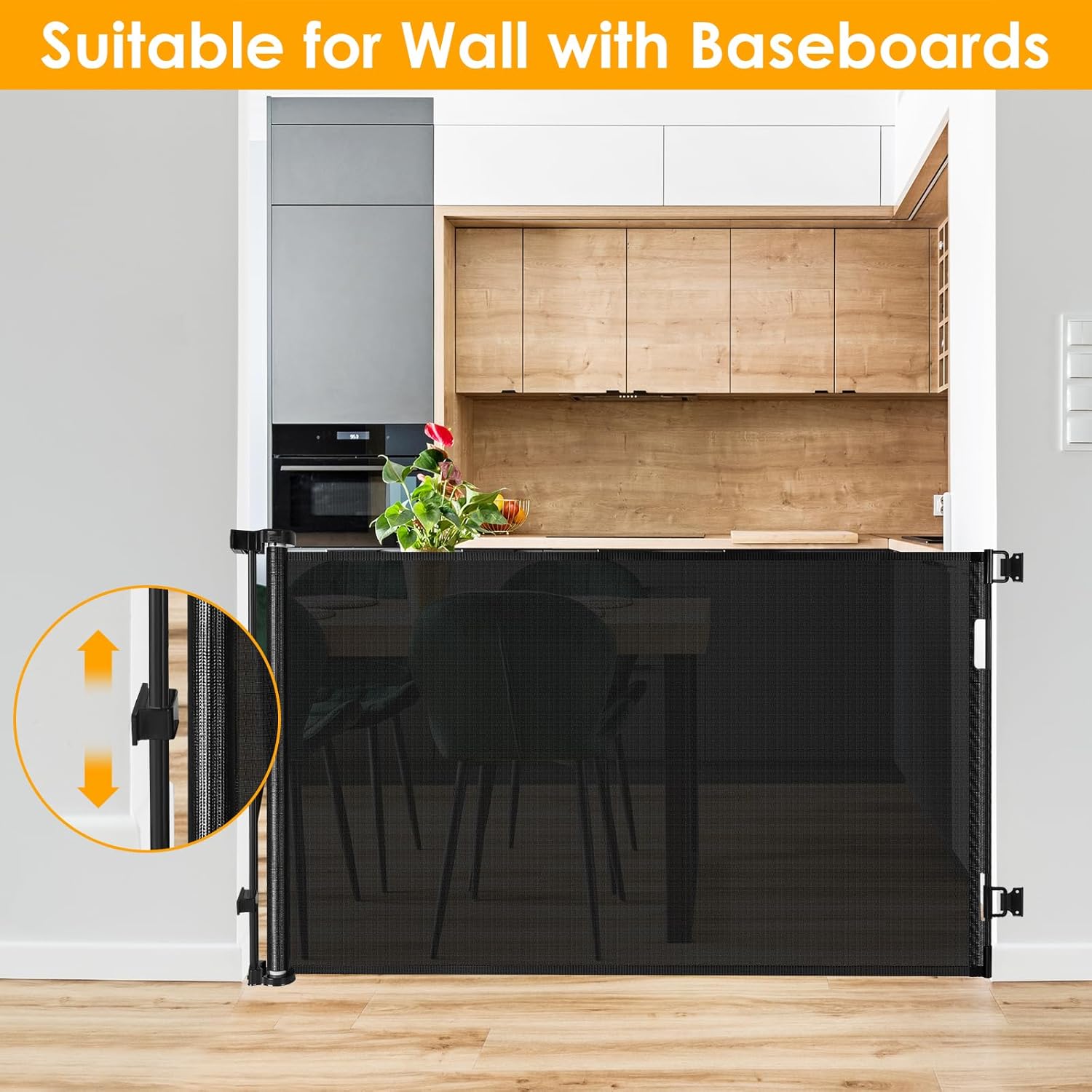 Retractable Puppy Gates for The House Prevent Kid/Pet from Getting Through 60” Wide Baby Gate for Stairs Scratch-Resistant Retractable Indoor Dog Gates for Doorways Outdoor Dog Gate for Deck, Black