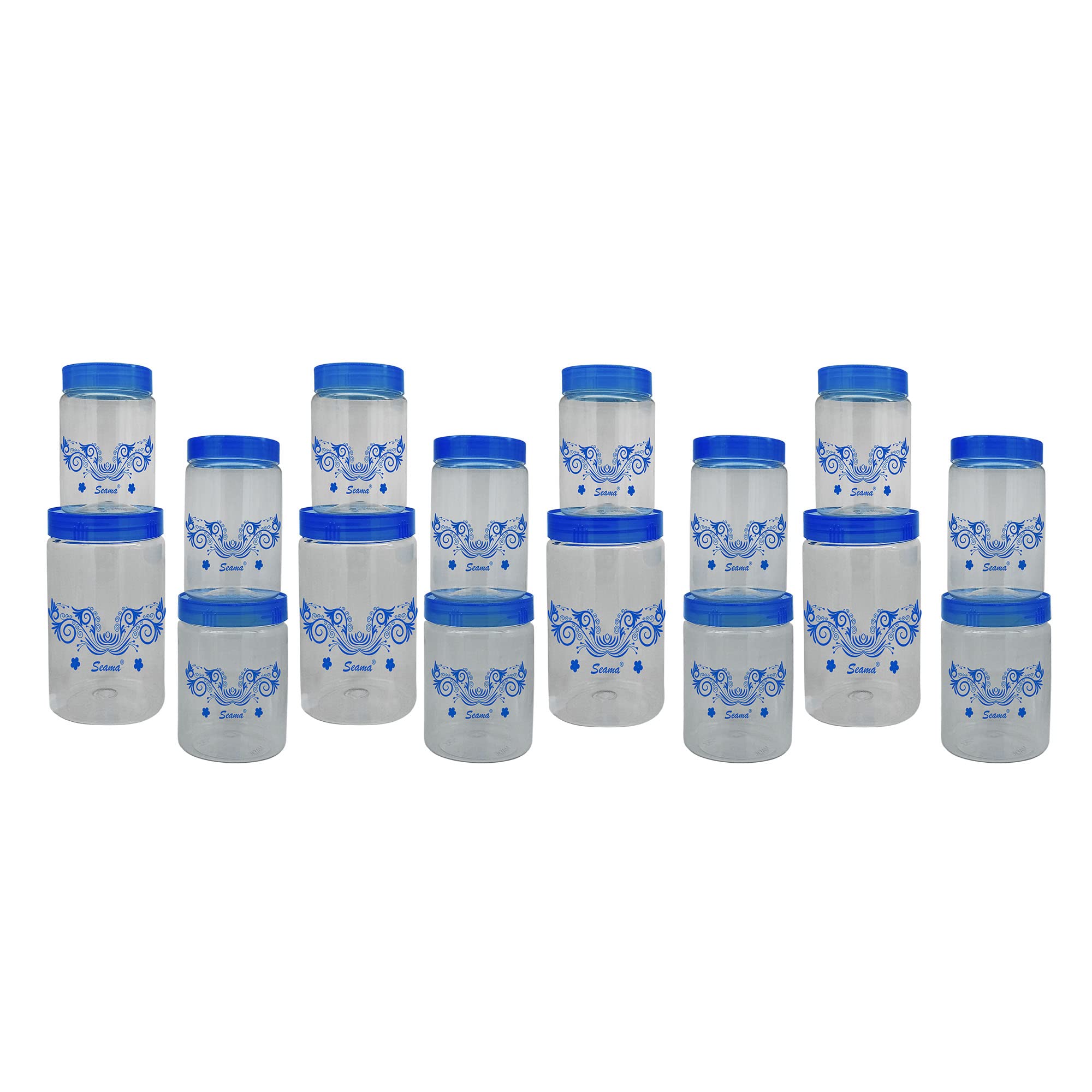 Seama Amingo Style Plastic Jar Container with Blue Cap, Set of 16, 550ml-4pc | 800ml-4pc | 1200ml-4pc | 1500ml-4pc, Air Tight | Kitchen|Fridge Storage Jar| Assorted Sizes | Stackable