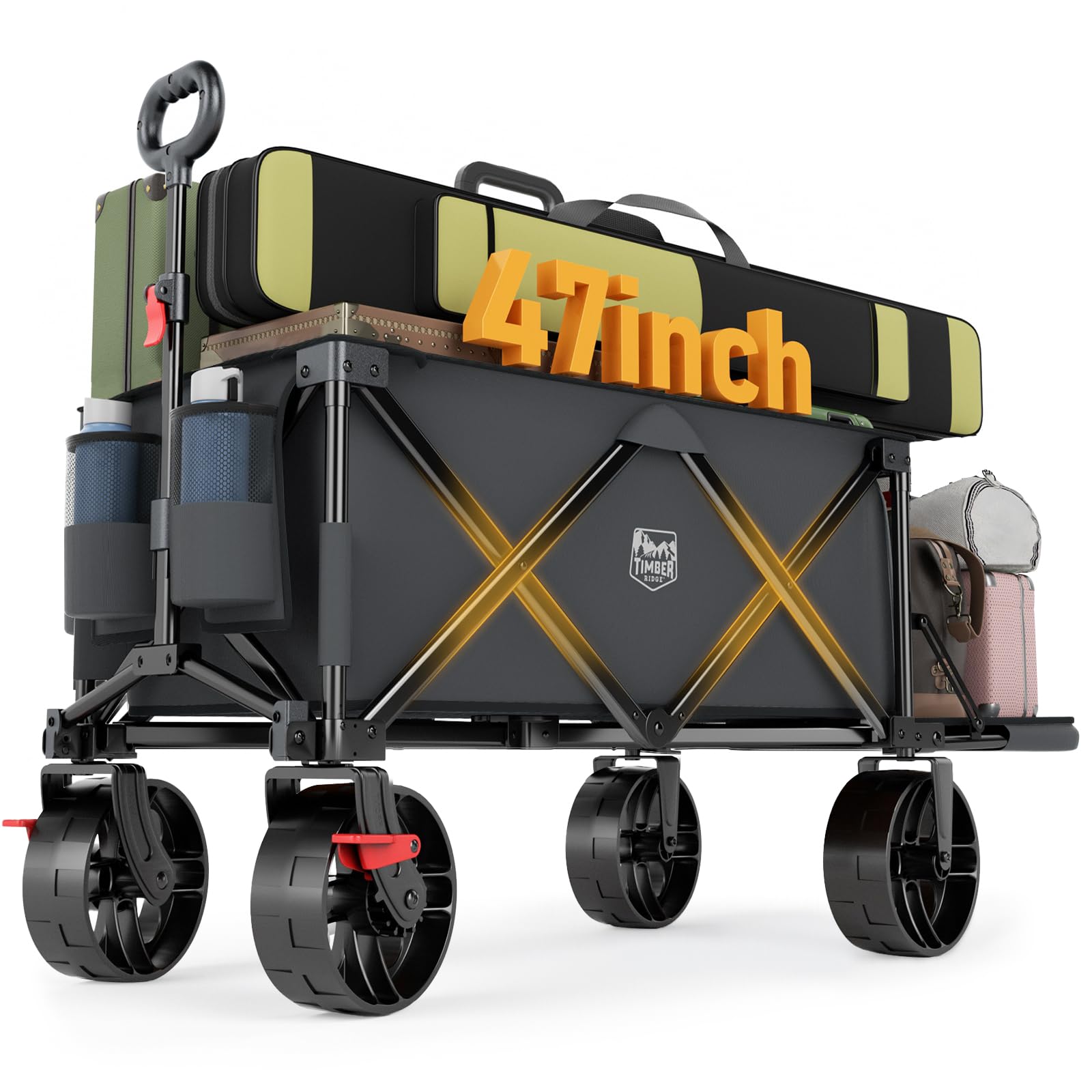 Timber Ridge 47" L Collapsible Beach Wagon with Tailgate, 300lbs Heavy Duty Folding Wagon with All-Terrain Big Brakes Wheels, Foldable Utility Cart for Sand Sports Shopping, Gray