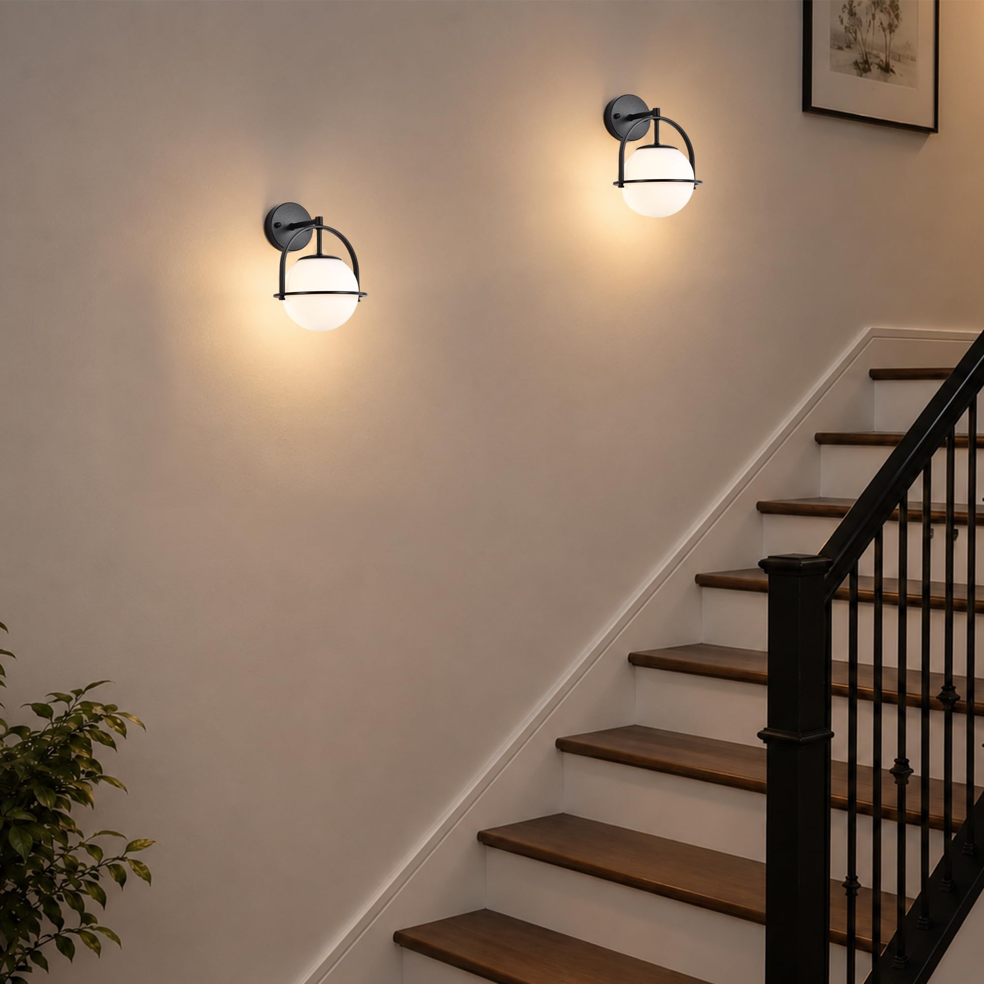 Alighting Wandleuchte Innen Schwarze mit 15 cm Milchglasschirm | Badezimmer Wandbeleuchtung Wandlampe Kugel für Flur Schlafzimmer Treppenhau, E14