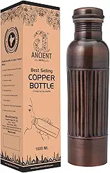 ANCIENTIMPEX Garrafa de água de cobre puro 950 ml – Acabamento antigo premium com padrão de forro | Benefícios para a saúde Ayurveda, à prova de vazamento, garrafa de cobre ecológica para hidratação