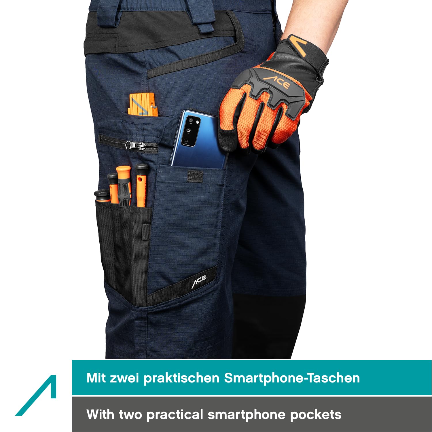 ACE Constructor Herren-Arbeitshose lang - Männer-Arbeitshosen mit Stretch-Bund, Cargo- & Kniepolster-Taschen