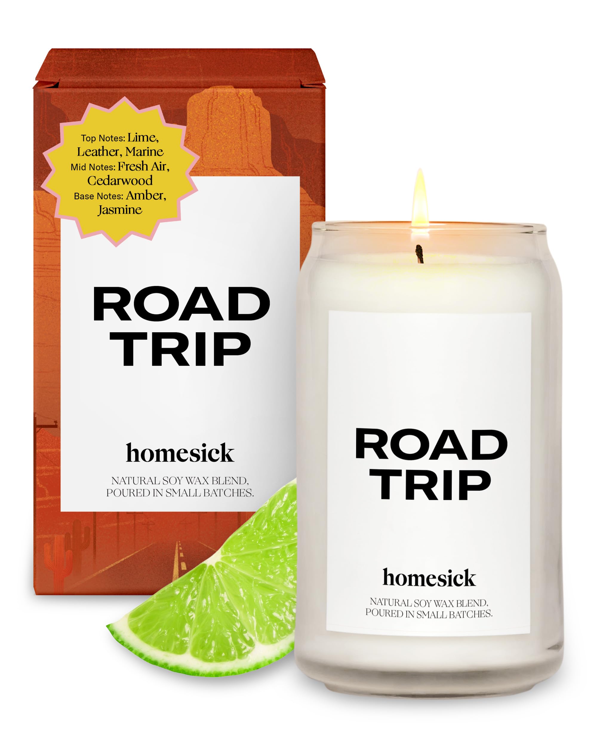 Homesick Premium Duftkerze, Road Trip – Düfte von Limette, Leder, Marine, 390 g, 60–80 Stunden Brenndauer, natürliche Soja-Mischung, Heimdekoration, entspannende Aromatherapie-Kerze